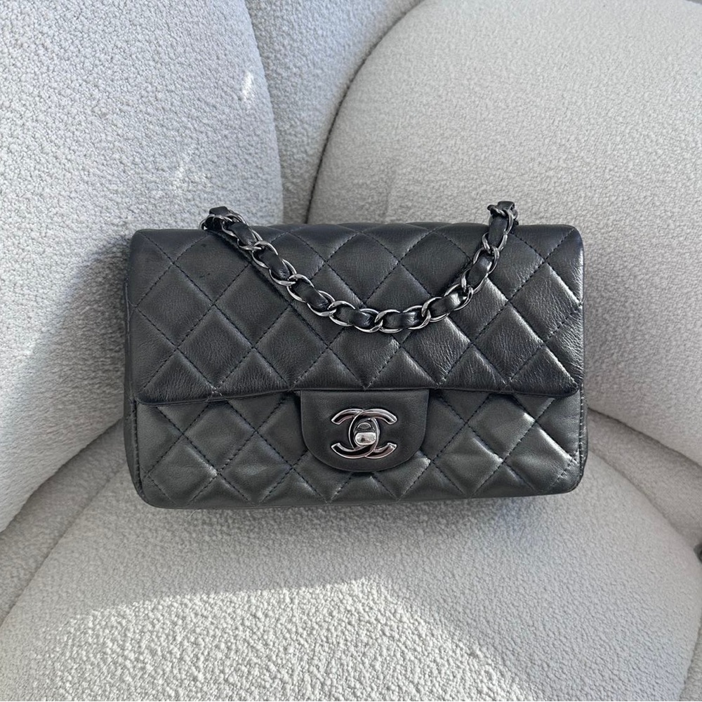 SOLD - CHANEL Iridescent Charcoal Calfskin Mini Rectangular Flap Bag - Picture 1 of 7